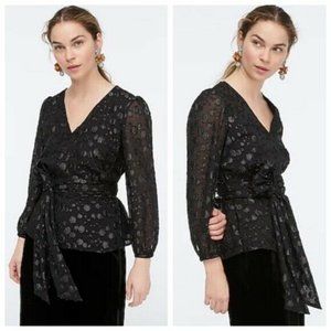 Tie-waist V-neck top metallic dot jacquard